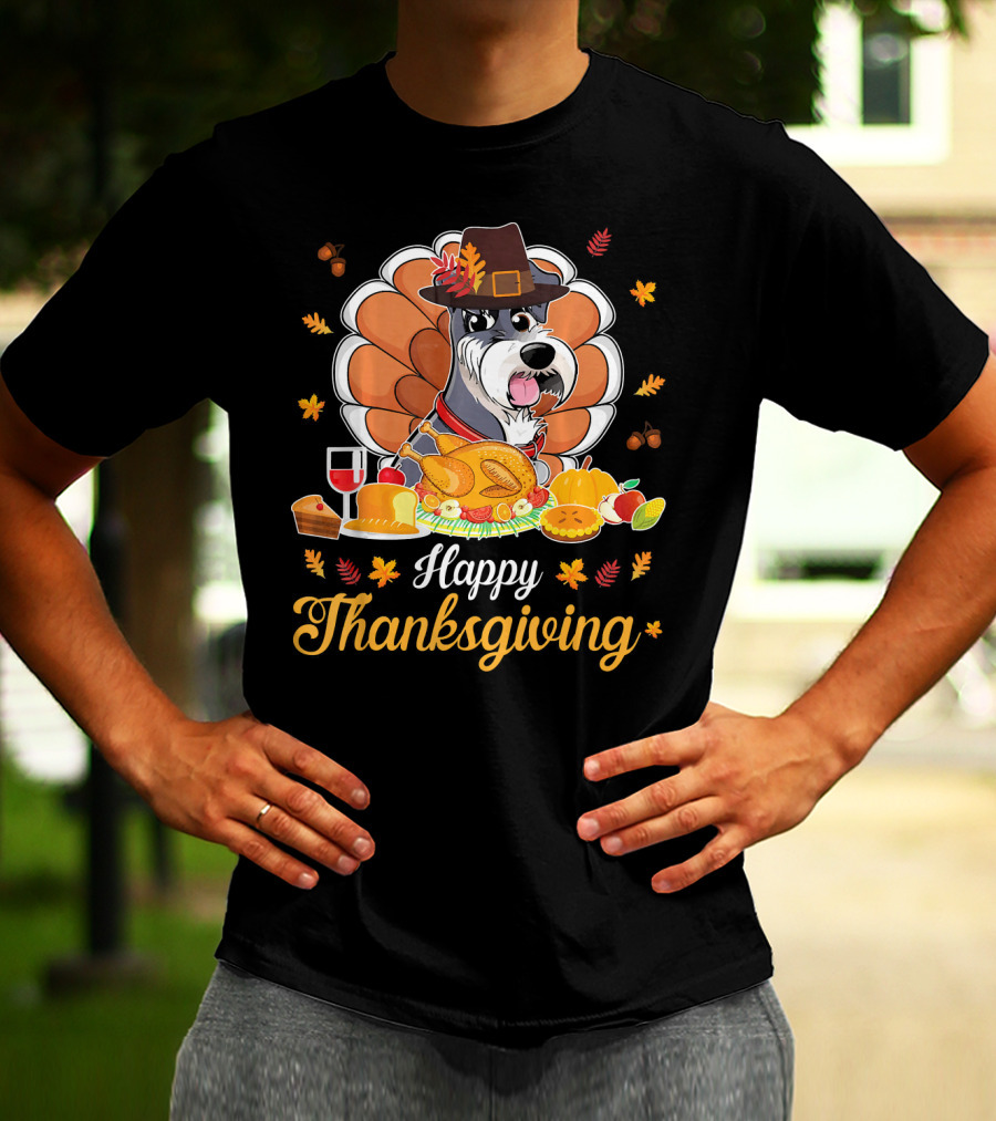 Happy Thanksgiving Schnauzer Pilgrim Turkey Feast Wine T-Shirt