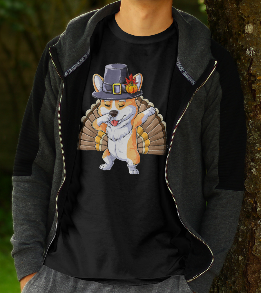 Thanksgiving Dabbing Corgi Pilgrim Hat Turkey Tail T-Shirt