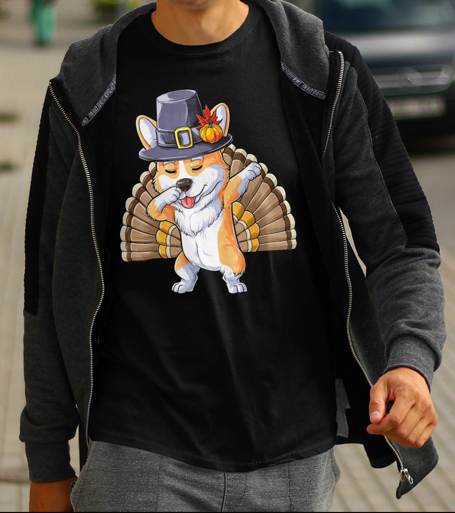 Thanksgiving Dabbing Corgi Pilgrim Hat Turkey Tail T-Shirt