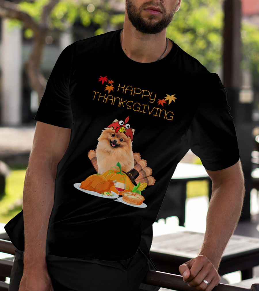 Happy Thanksgiving Day Pomeranian Turkey Pumpkin Pie T-Shirt