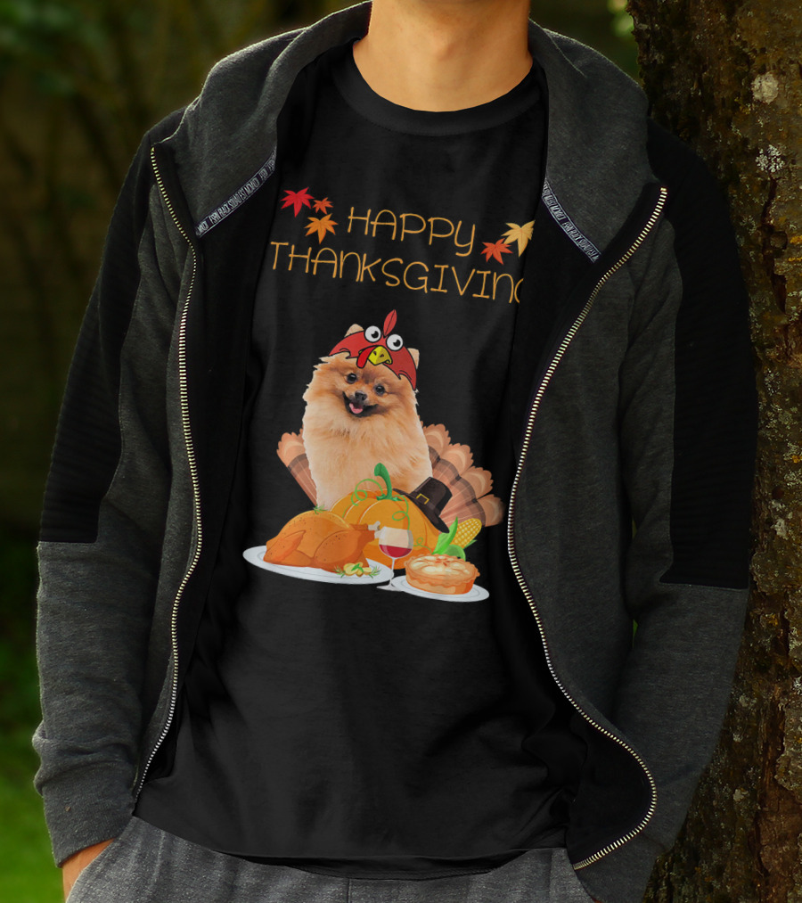 Happy Thanksgiving Day Pomeranian Turkey Pumpkin Pie T-Shirt