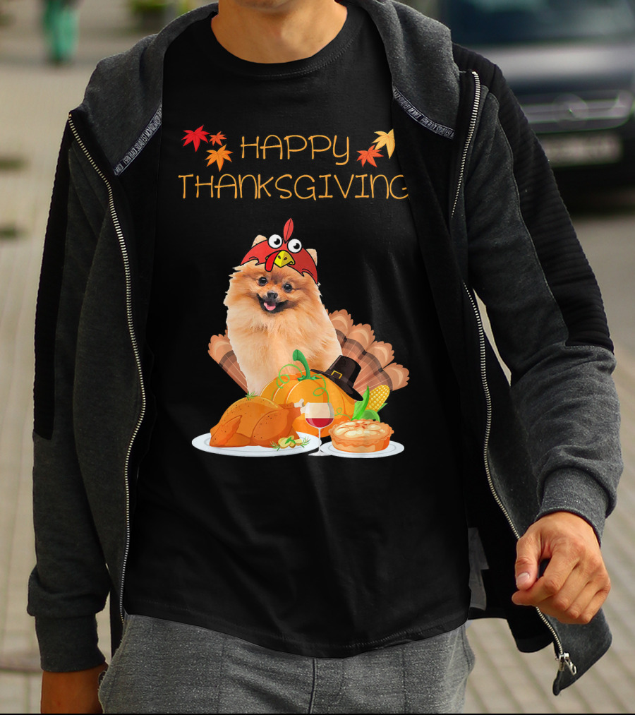 Happy Thanksgiving Day Pomeranian Turkey Pumpkin Pie T-Shirt