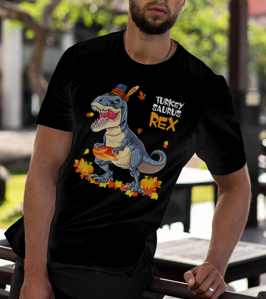 Turkey Saurus Rex Pilgrim Dinosaur Fall Leaves Pumpkins T-Shirt