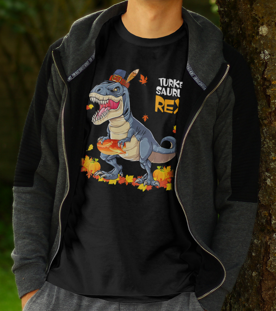 Turkey Saurus Rex Pilgrim Dinosaur Fall Leaves Pumpkins T-Shirt
