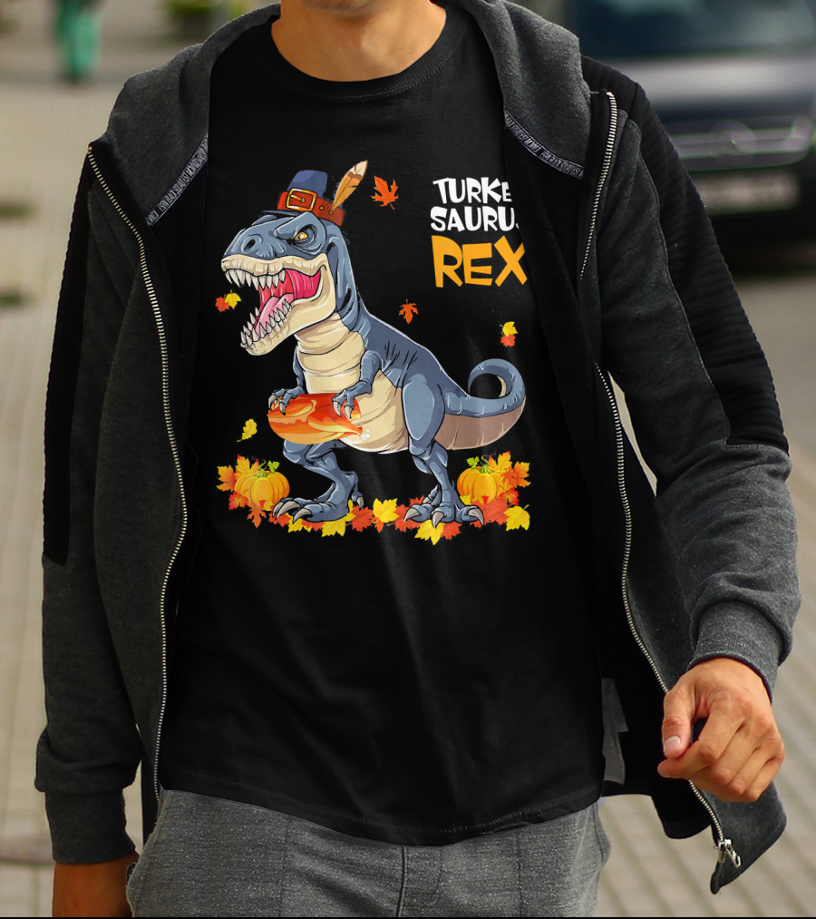 Turkey Saurus Rex Pilgrim Dinosaur Fall Leaves Pumpkins T-Shirt