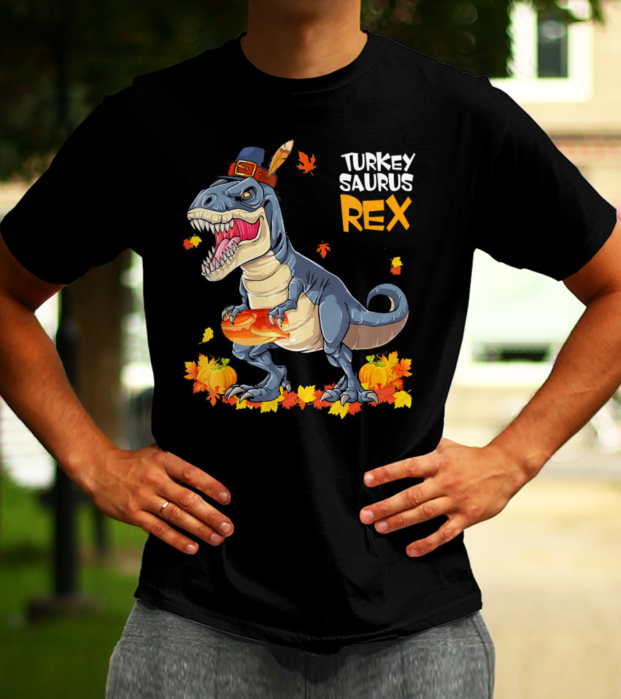 Turkey Saurus Rex Pilgrim Dinosaur Fall Leaves Pumpkins T-Shirt