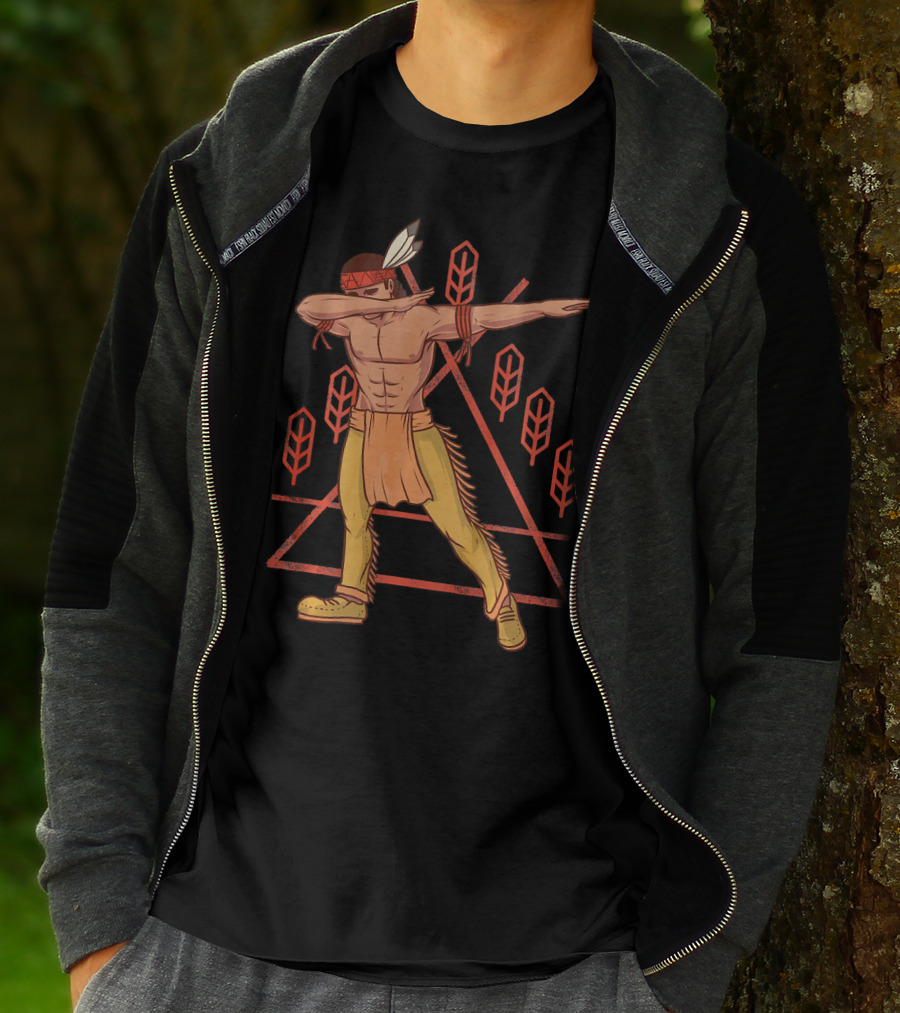 Thanksgiving Dabbing Native American Geometric Feather Motif T-Shirt