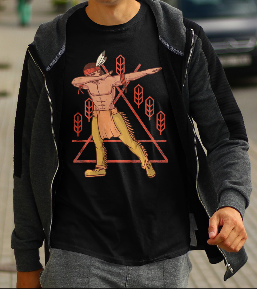 Thanksgiving Dabbing Native American Geometric Feather Motif T-Shirt