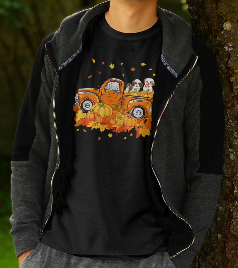 Shih Tzu Puppies In Pumpkin Truck With Autumn Leaves For Halloween T-Shirt