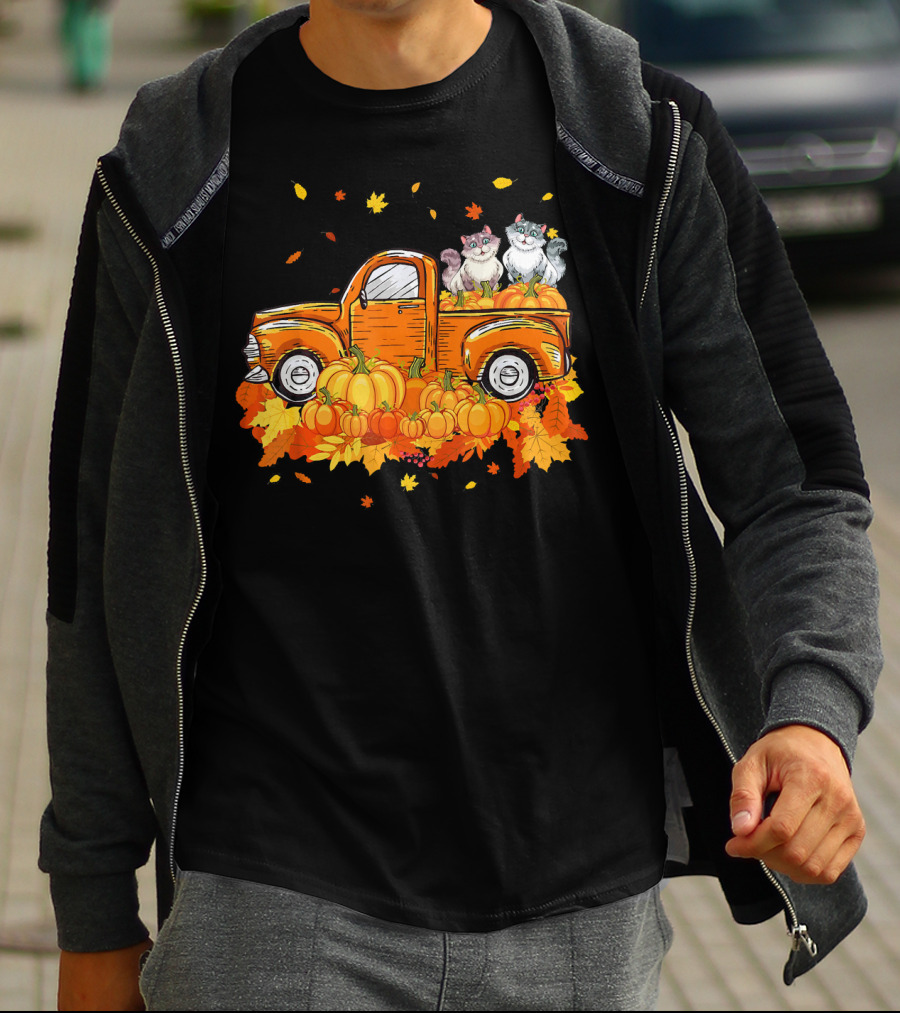 Cat Pumpkin Autumn Truck With Cats And Pumpkins T-Shirt