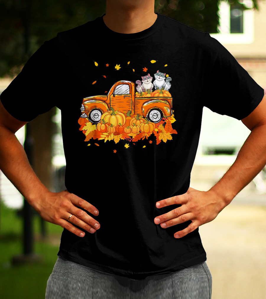 Cat Pumpkin Autumn Truck With Cats And Pumpkins T-Shirt