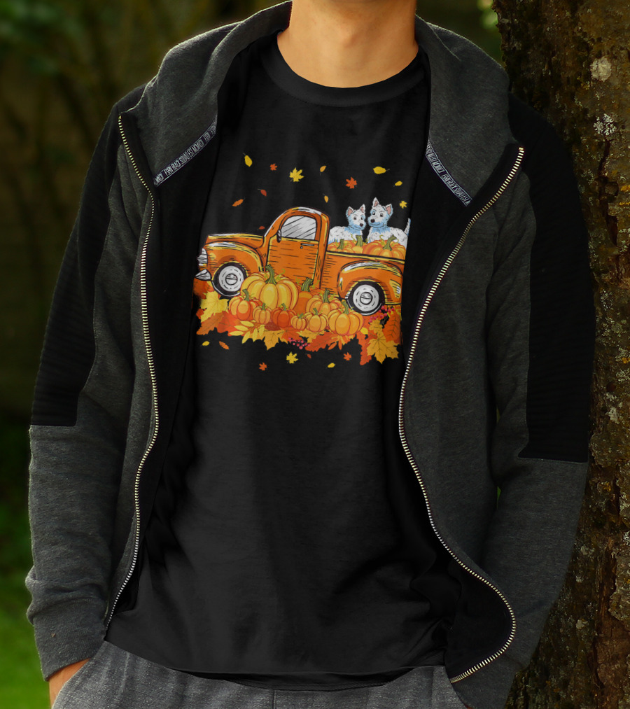 Westie Dogs In Pumpkin Truck With Fall Leaves Halloween T-Shirt