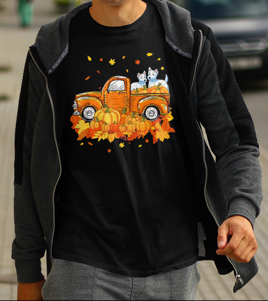 Westie Dogs In Pumpkin Truck With Fall Leaves Halloween T-Shirt