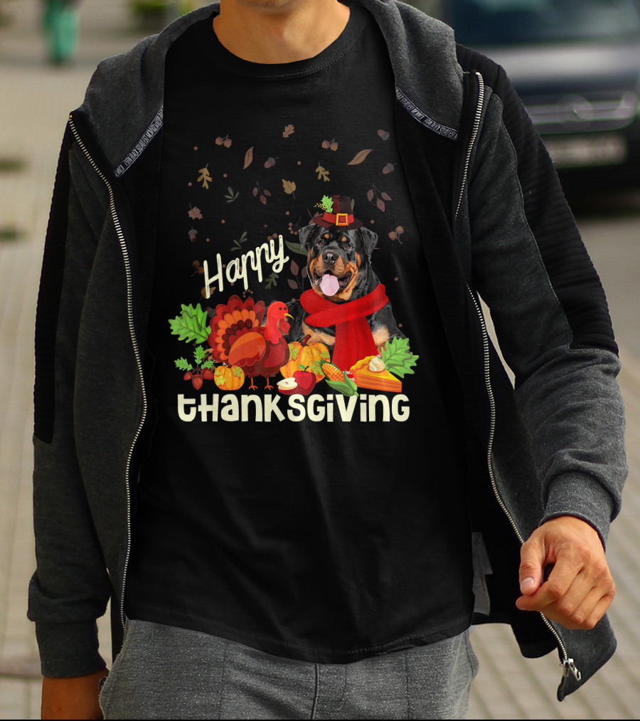 Happy Thanksgiving Pilgrim Rottweiler Turkey Feast With Autumn Leaves And Fruit T-Shirt