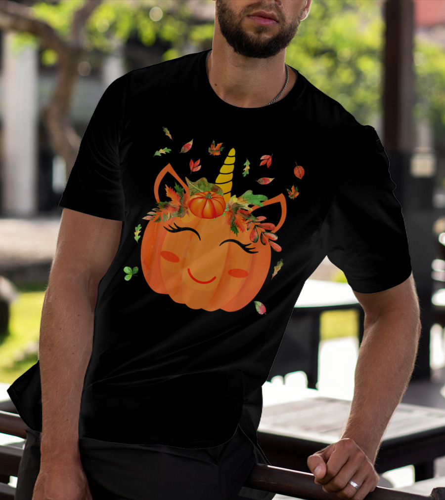 Cute Unicorn Pumpkin With Autumn Leaves And Horn T-Shirt