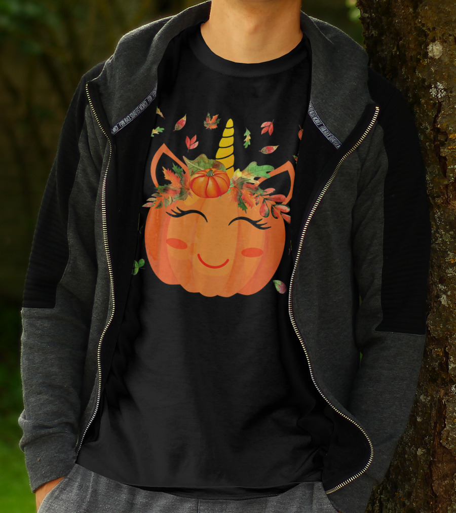Cute Unicorn Pumpkin With Autumn Leaves And Horn T-Shirt