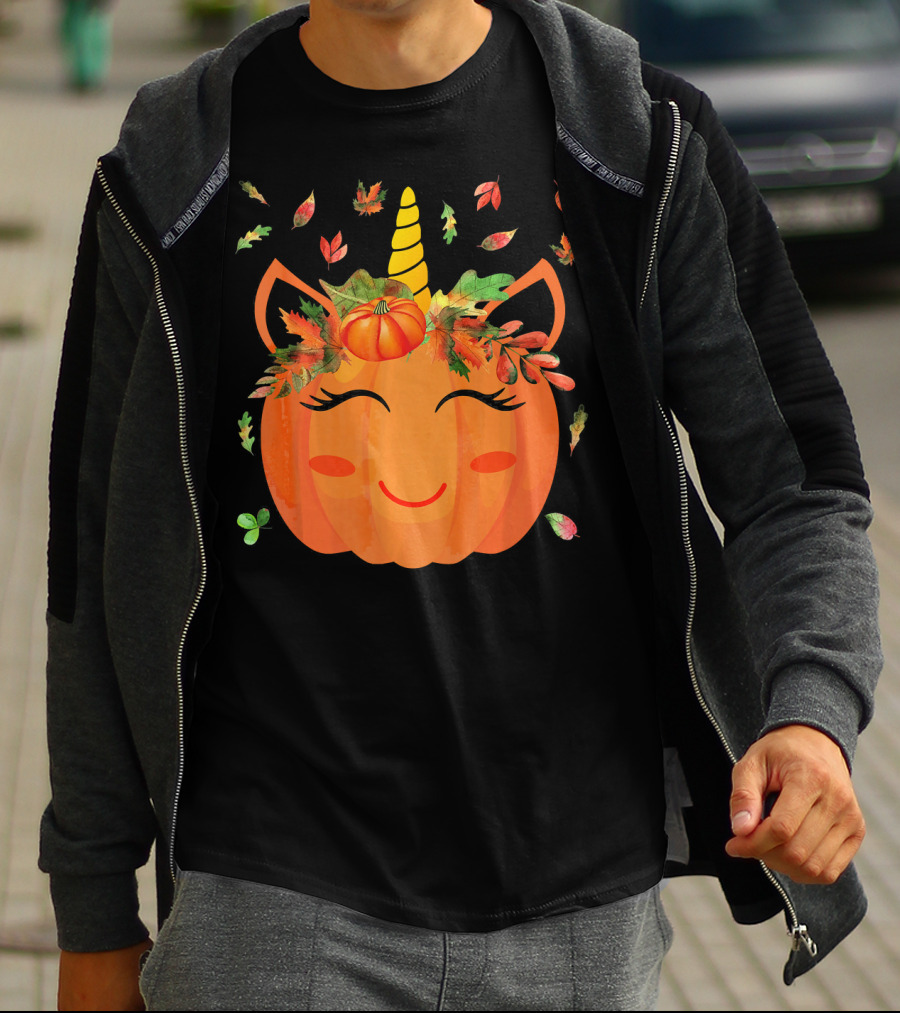 Cute Unicorn Pumpkin With Autumn Leaves And Horn T-Shirt