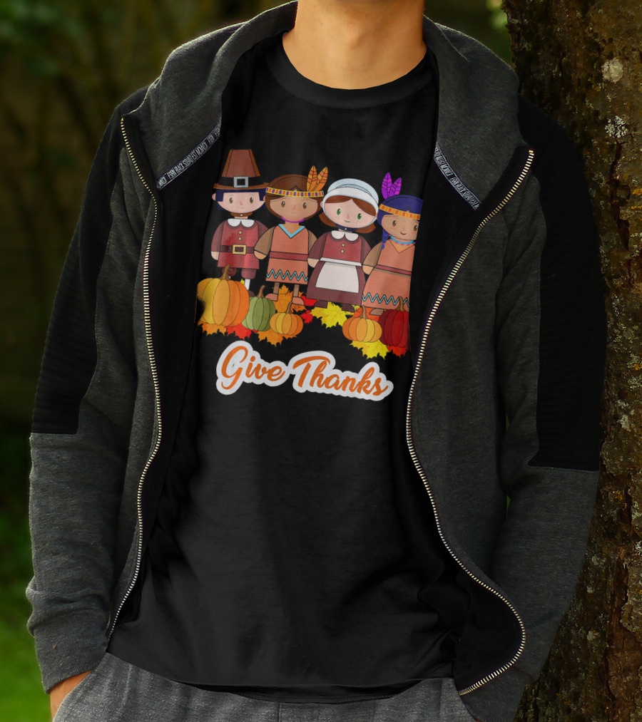 Give Thanks Thanksgiving Pilgrim And Native American With Pumpkins T-Shirt