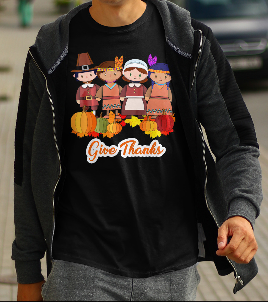 Give Thanks Thanksgiving Pilgrim And Native American With Pumpkins T-Shirt