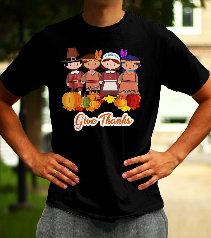 Give Thanks Thanksgiving Pilgrim And Native American With Pumpkins T-Shirt