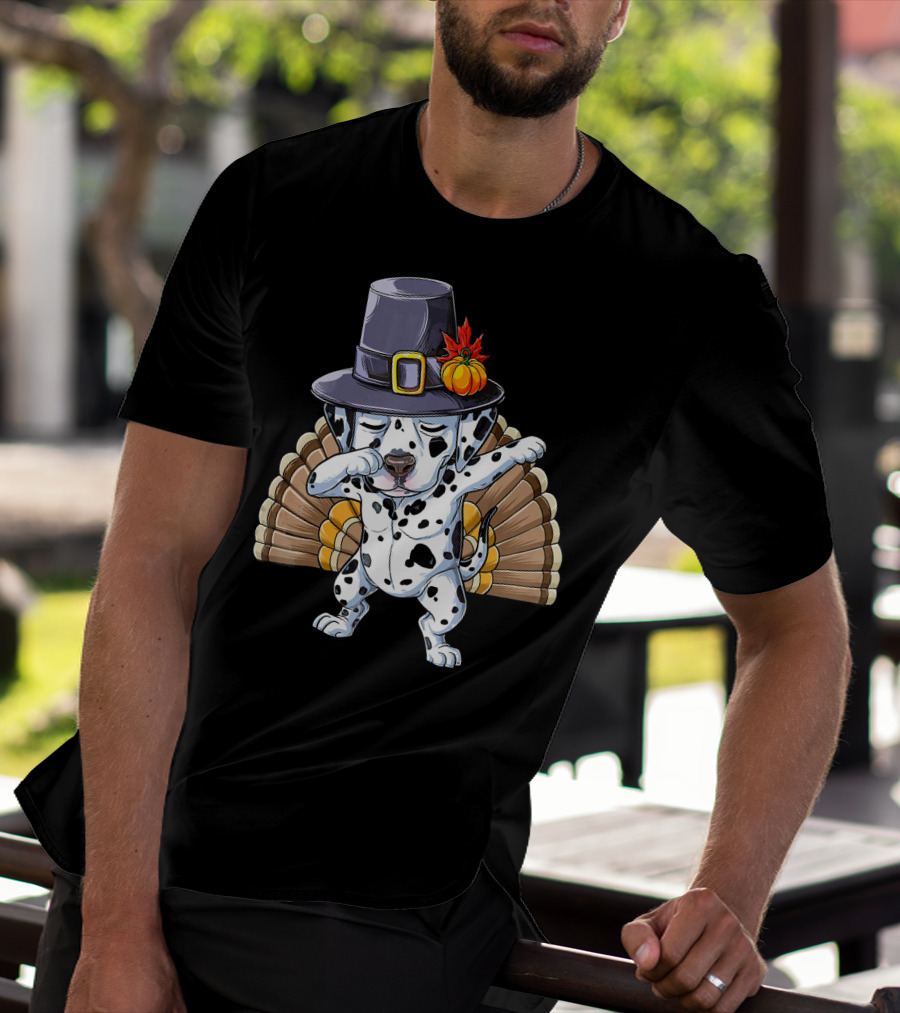 Thanksgiving Dabbing Dalmatian Pilgrim Hat Turkey Tail T-Shirt