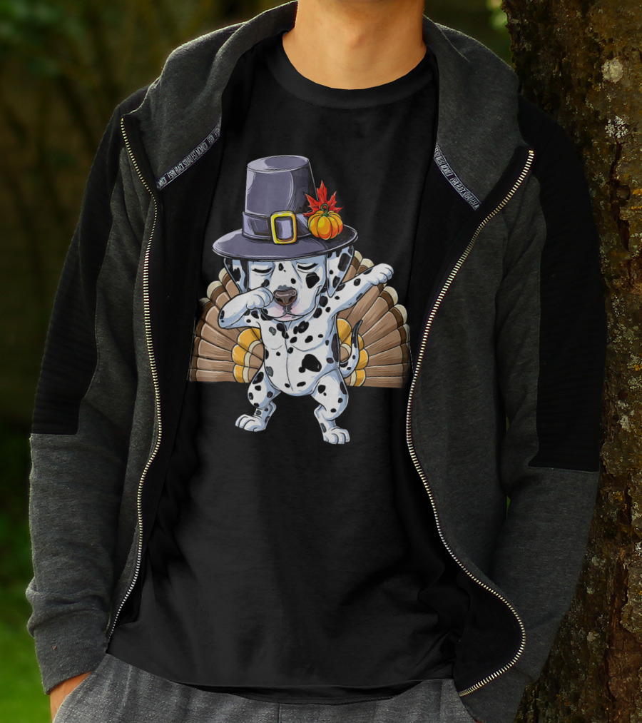 Thanksgiving Dabbing Dalmatian Pilgrim Hat Turkey Tail T-Shirt