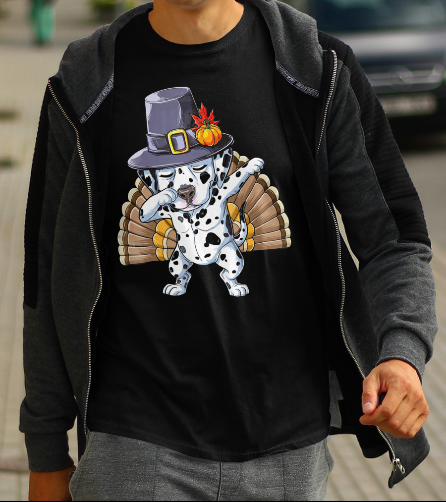 Thanksgiving Dabbing Dalmatian Pilgrim Hat Turkey Tail T-Shirt