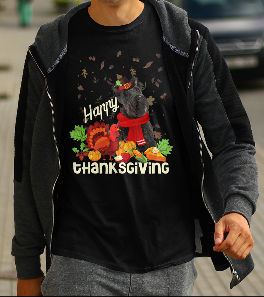 Happy Thanksgiving Pilgrim Scottish Terrier With Turkey And Fall Leaves T-Shirt