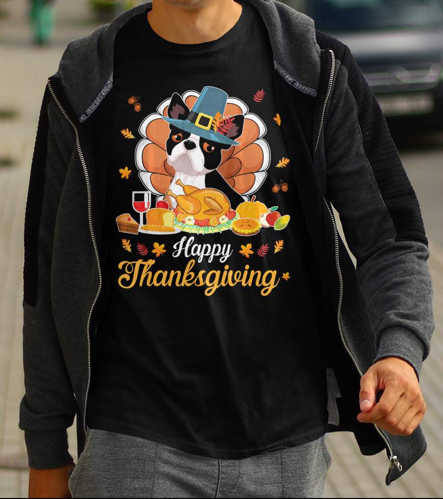 Happy Thanksgiving Boston Terrier Pilgrim With Turkey Feast T-Shirt