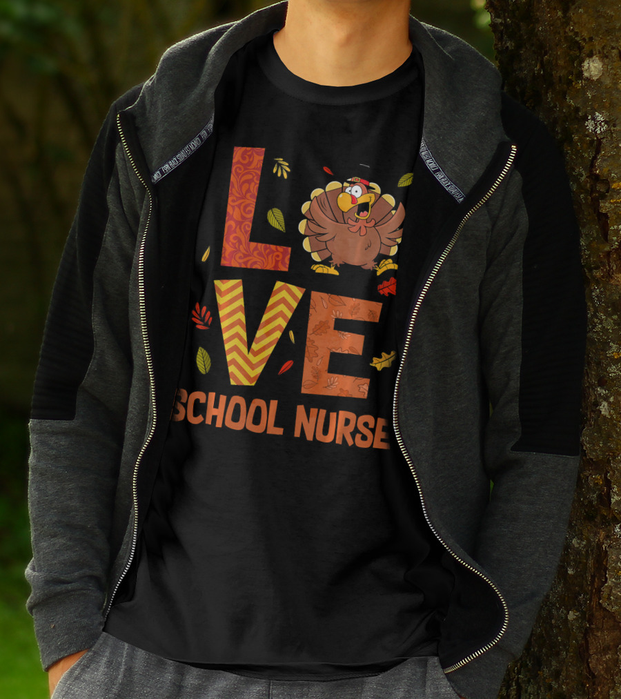 LOVE School Nurse Turkey Autumn Fall Thanksgiving T-Shirt