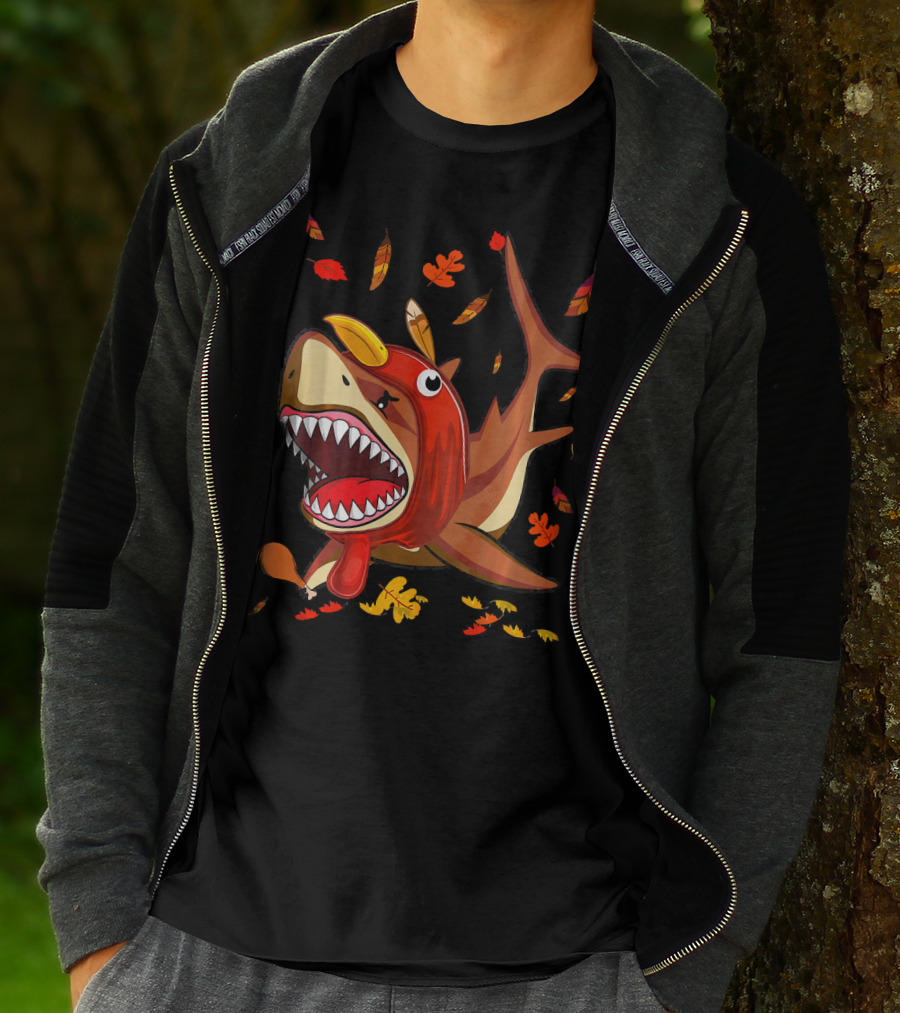 Thanksgiving Shark Doo Doo Doo Turkey Costume With Fall Leaves T-Shirt