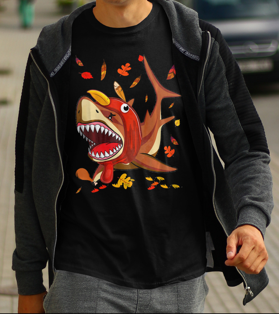 Thanksgiving Shark Doo Doo Doo Turkey Costume With Fall Leaves T-Shirt