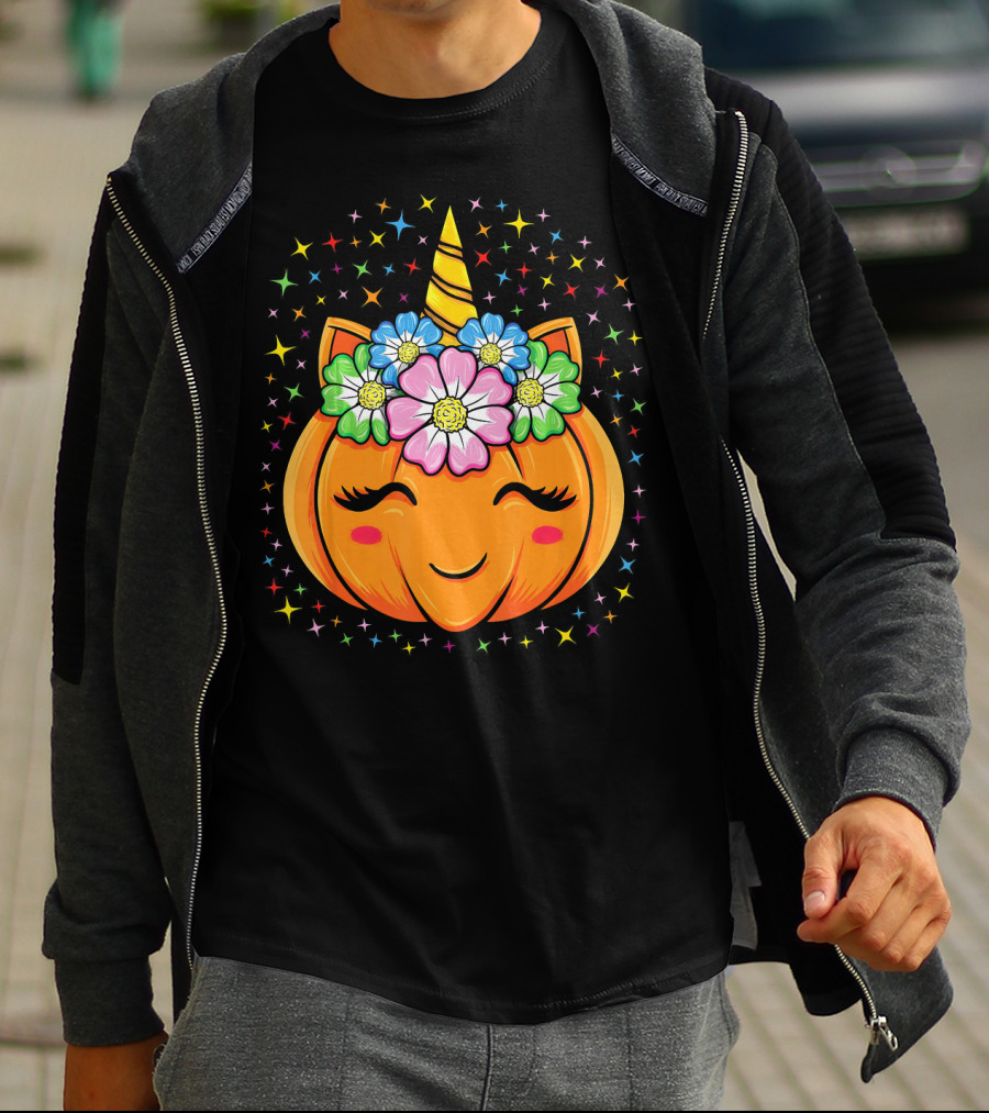 Unicorn Pumpkin Halloween Cute Floral Stars T-Shirt