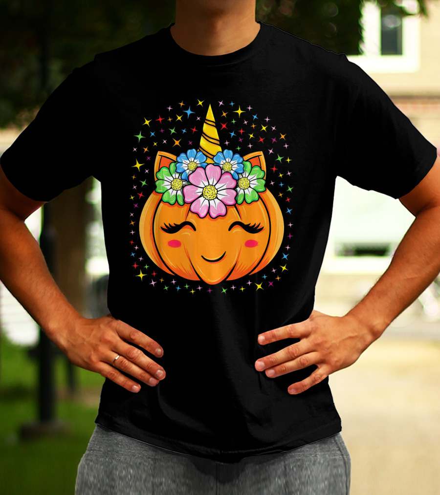Unicorn Pumpkin Halloween Cute Floral Stars T-Shirt