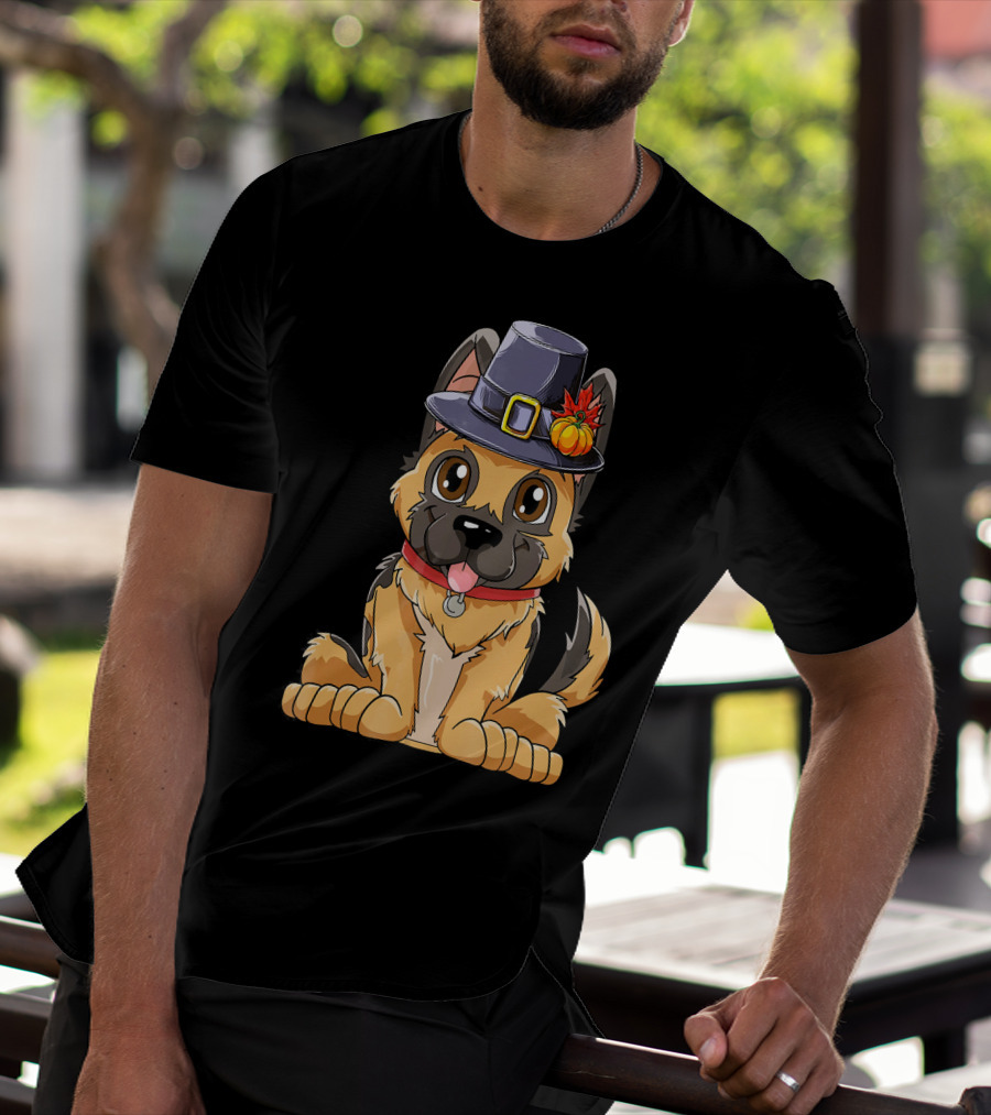 Thanksgiving Kids German Shepherd Cartoon Dog With Pilgrim Hat And Pumpkin T-Shirt