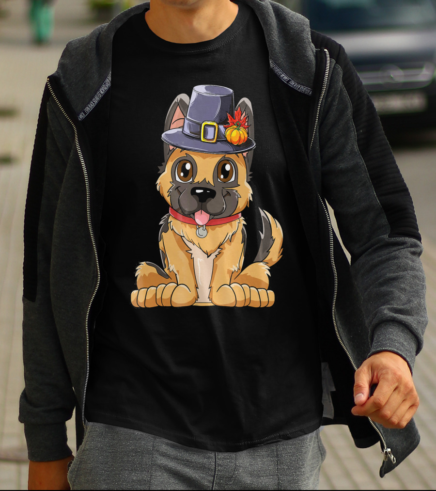 Thanksgiving Kids German Shepherd Cartoon Dog With Pilgrim Hat And Pumpkin T-Shirt