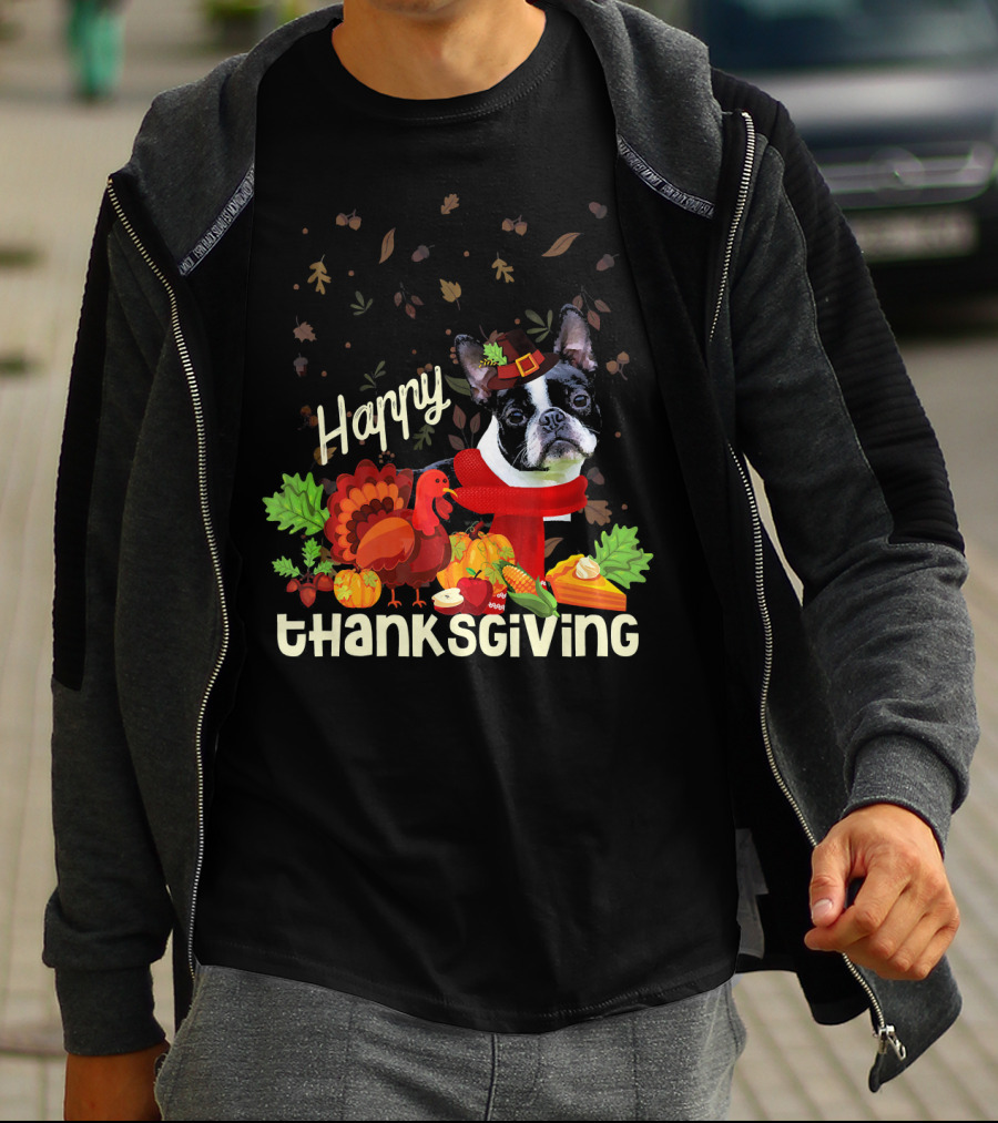 Happy Thanksgiving Boston Terrier Pilgrim With Turkey And Autumn Leaves T-Shirt