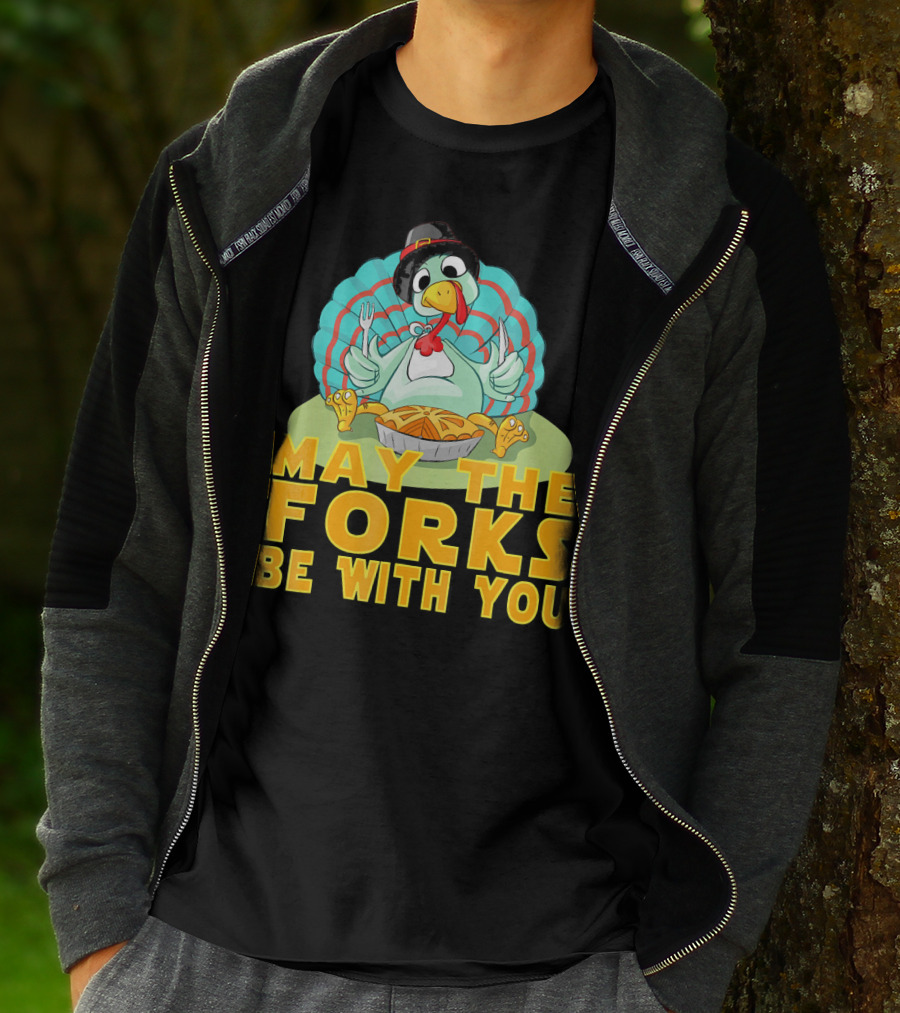 Cute Thanksgiving Turkey May The Forks Be With You Holiday T-Shirt