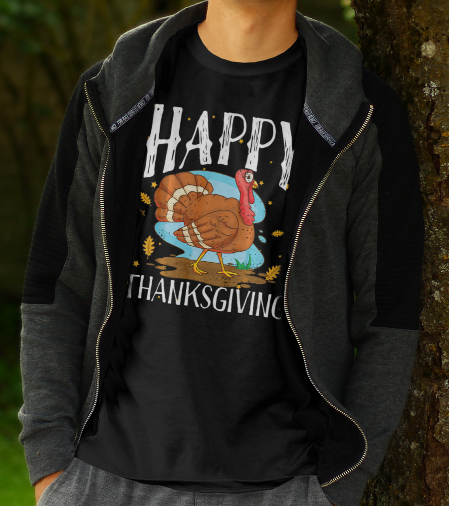 HAPPY THANKSGIVING FUNNY TURKEY COMIC STYLE LEAVES STARS T-Shirt