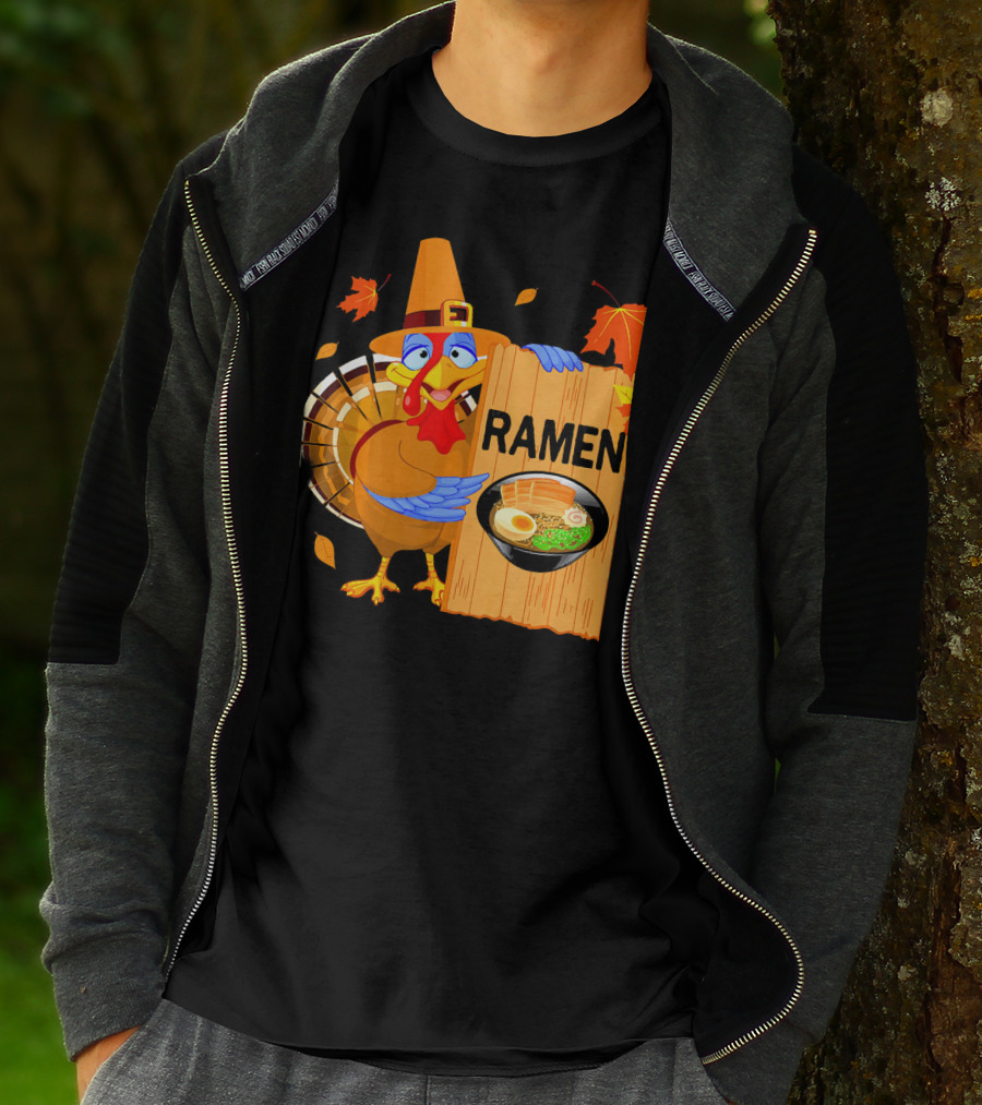 Thanksgiving Turkey With Ramen Bowl And Leaves T-Shirt