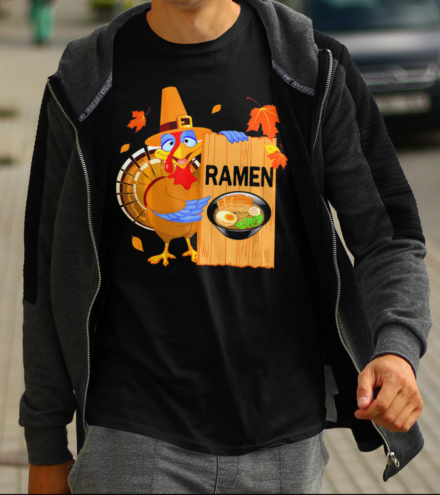 Thanksgiving Turkey With Ramen Bowl And Leaves T-Shirt