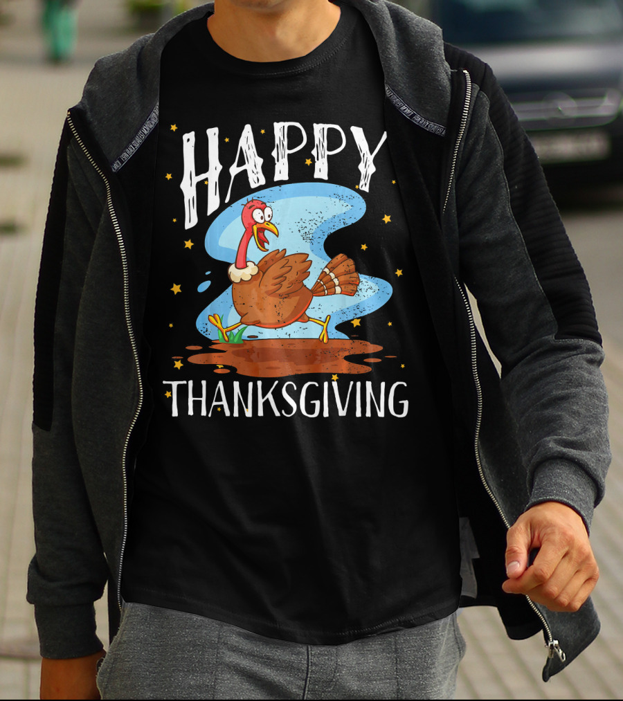 Happy Thanksgiving Running Turkey Cartoon T-Shirt