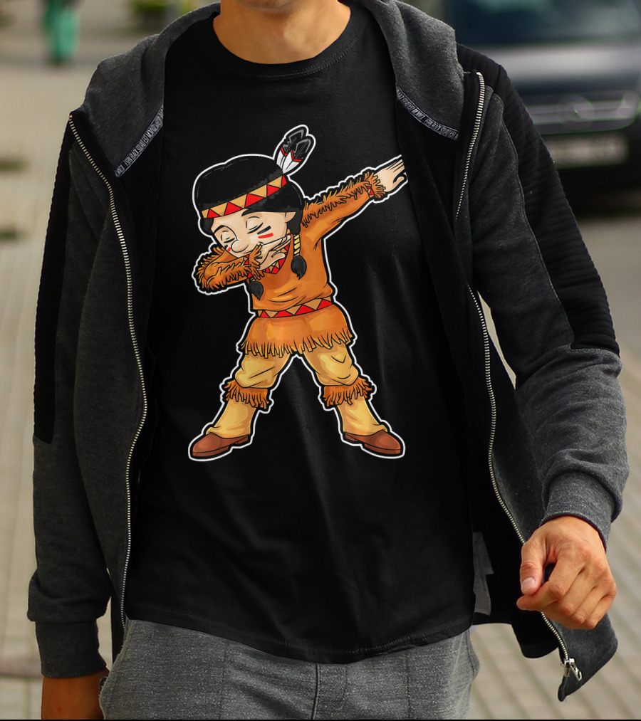Dabbing Native American Pilgrim In Traditional Attire T-Shirt