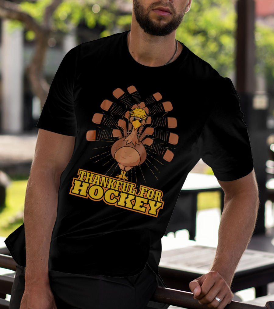Thankful For Hockey Turkey Wearing Helmet With Hockey Sticks T-Shirt