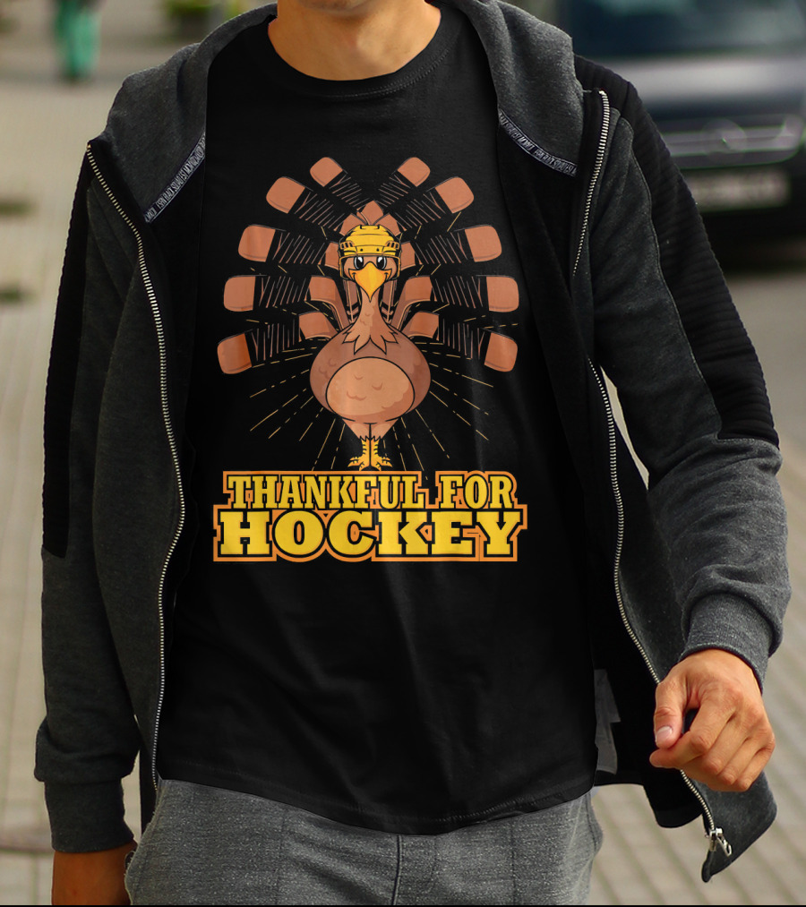 Thankful For Hockey Turkey Wearing Helmet With Hockey Sticks T-Shirt