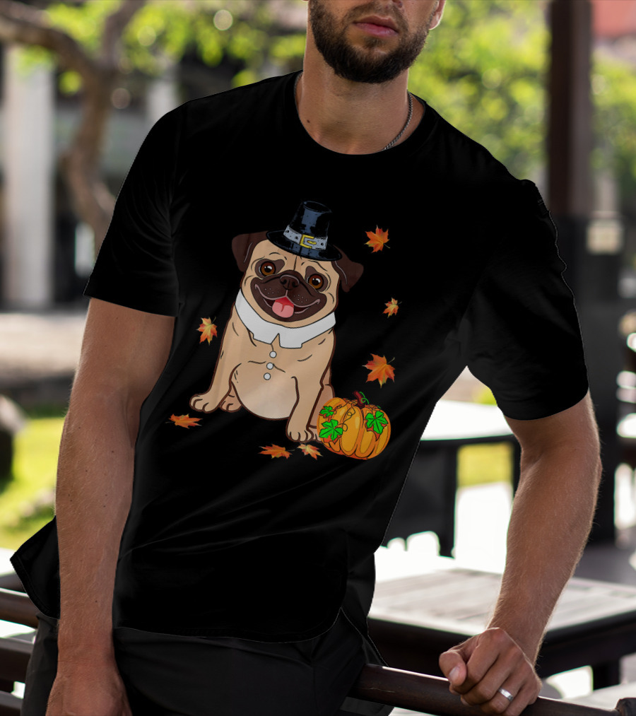 Thanksgiving Pug Pilgrim Hat Pumpkin Leaves T-Shirt