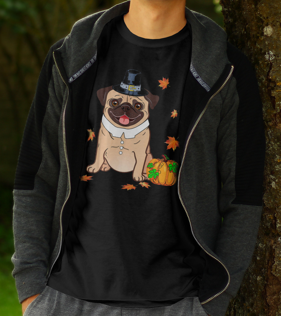 Thanksgiving Pug Pilgrim Hat Pumpkin Leaves T-Shirt