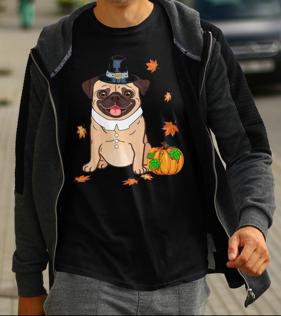 Thanksgiving Pug Pilgrim Hat Pumpkin Leaves T-Shirt