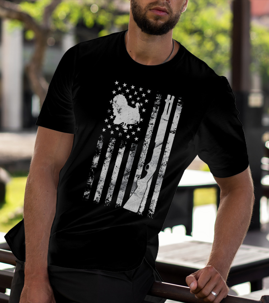 Turkey Hunting American Flag With Rifle And Stars T-Shirt