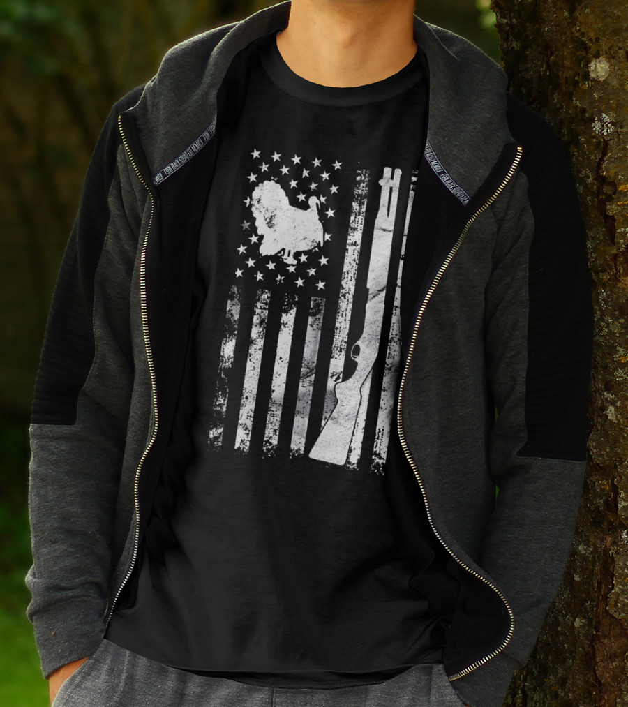 Turkey Hunting American Flag With Rifle And Stars T-Shirt
